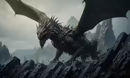 a dragon with large horns standing in front of a mountain