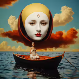 a woman sits in a boat with a giant head on top,an image of a lady floating in a boat