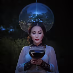 woman in a dark space holding up a glass of wine