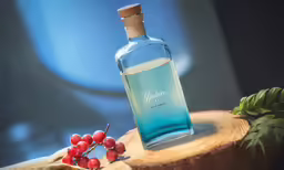 a bottle of vodka sits on top of a tree stump