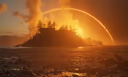 a large fire is raging down the hillside near a small island