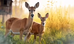 two deer stand on the grass and one is staring