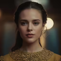 a woman with a long ponytail and blue eyes