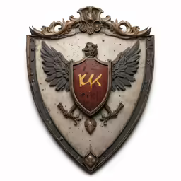 the shield with a winged shield is displaying a gold, red and black logo