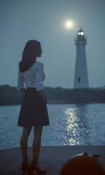 a woman standing in front of a light house