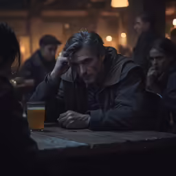 a man looking at something in his hand while sitting at a table with two glasses of alcohol
