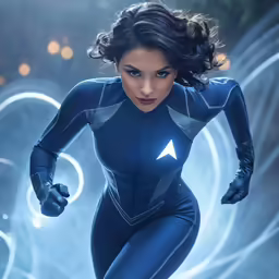 a close up of a woman in a futuristic suit