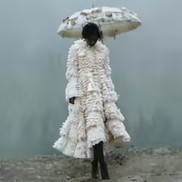 a woman in an unusual white dress and black boots walks