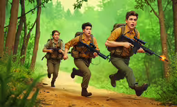 three men wearing brown vests carrying backpacks and guns in the air,three soldiers running away from a forest