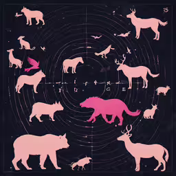 an illustration of zodiac signs and different animals,a diagram of animals are on the black background