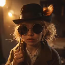 a woman in a hat and sunglasses with a lollipopo