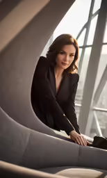 woman in business attire leaning over sofa looking into camera