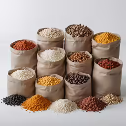 a pile of bags filled with different types of foods