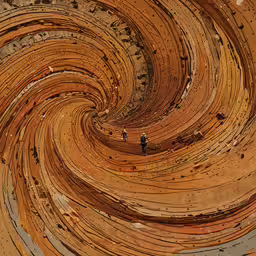 two people walking in the middle of a large wooden swirl,a man stands in the middle of a swirl shaped surface