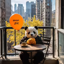 panda bear in black clothes holding a yellow balloon sitting on a balcony