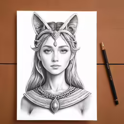 a drawing of a woman wearing a horned headdress and holding a long arrow