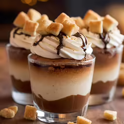 a cup of desserts has marshmallow on top