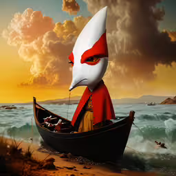 an orange and white mask is sitting in a boat,a painting of a man with big white eyes sits in a boat