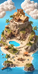 a painting of a island with many houses and buildings