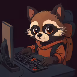 a drawing of a racoon at a computer