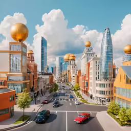 the city has a lot of colorful buildings and cars