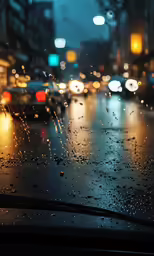 the rain is coming down at night time