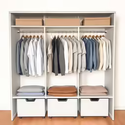 a simple walk - in closet contains white furniture and storage units