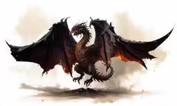a large black dragon sitting on top of a wooden stump