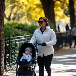 a woman walking and pushing a stroller with a baby in it
