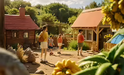 some people standing around a small wooden shack