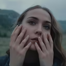 the girl has a pair of hands to her face