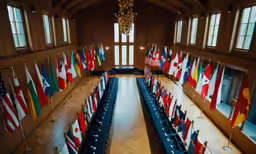 an ornate looking room with flags and other symbols