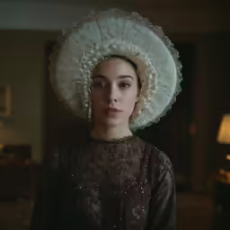 a woman wearing a very large white hair
