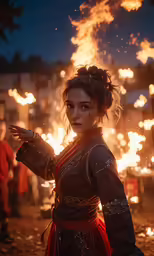 woman in costume standing at fire and throwing sparks