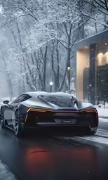 a supercar driving down the road in the snow