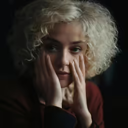 a blonde haired woman with her hands near her face