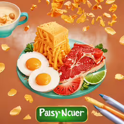 a plate topped with meat and fruit next to a mug,a plate topped with fruit, pasta and cheese next to an egg and fork