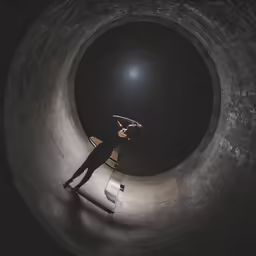 man standing in a cement pipe with hands behind his head