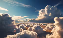 a view from a plane shows thick clouds in the sky,a vast expanse of clouds and bright sun rise over the plain