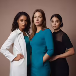 three women pose for the camera in black and blue
