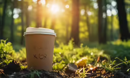 a coffee cup sitting on top of a dirt field