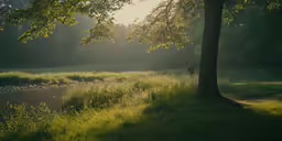 a man is walking towards a stream in a forest