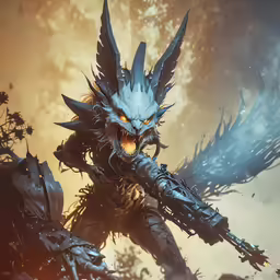 a demonic monster in an environment with flames and smoke