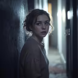 a woman leans against the wall in a hallway