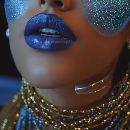 a woman with bright blue makeup and silver glitters on her face