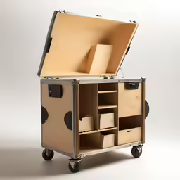 a briefcase with compartments sitting open and stacked on wheels
