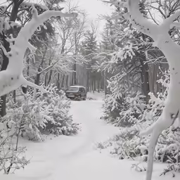 the snow is covering the path through a forested area