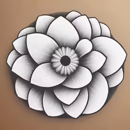 a large white flower on brown paper with black circle