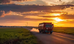 a red truck traveling down a road at sunset,a truck travels down the road on the side of the road