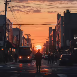 the sun sets as people walk across a city street